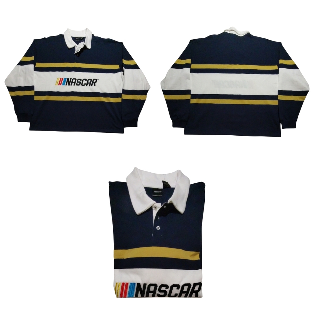 NWT NASCAR Rugby Polo Mens L Embroidered Blue Gold White Long Sleeve